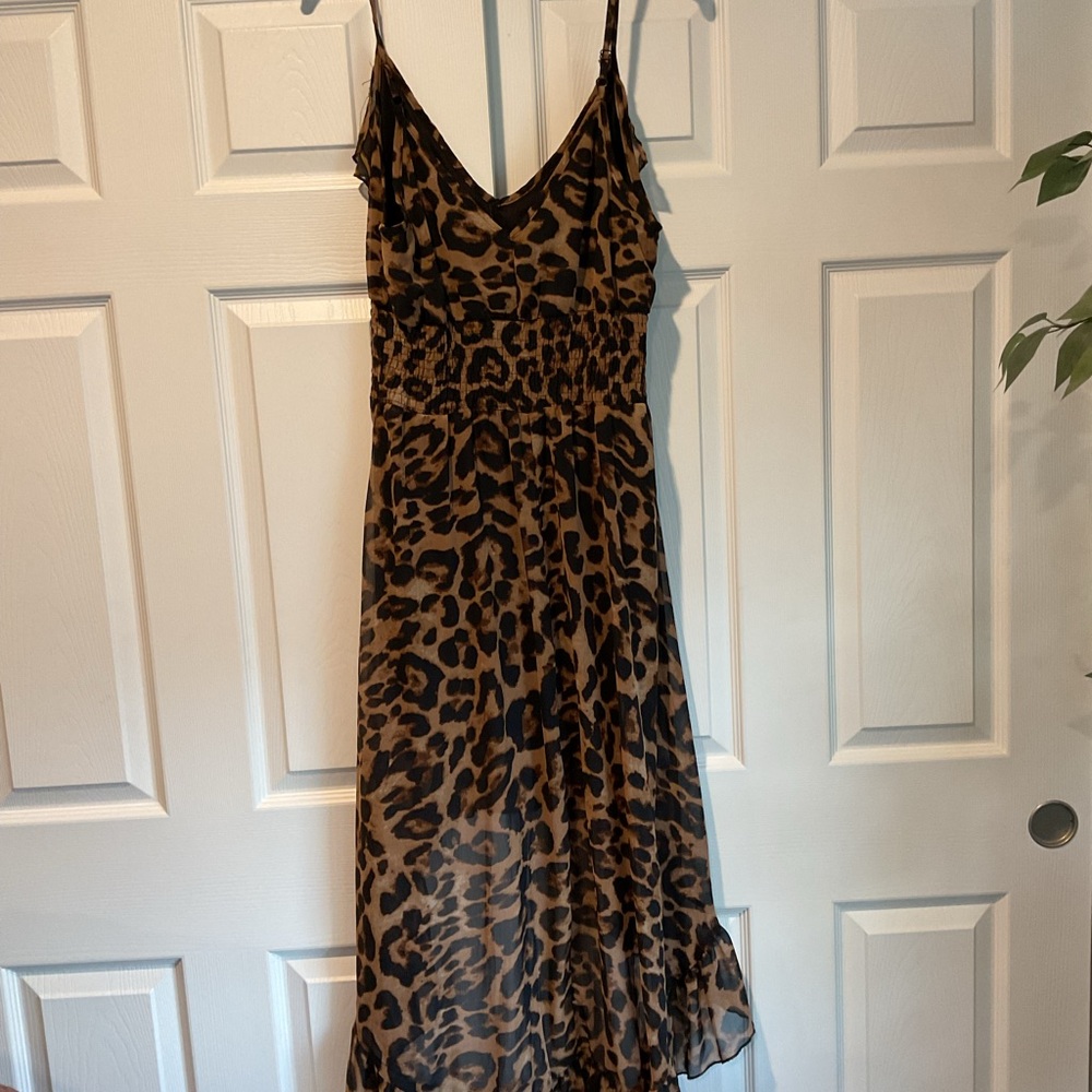 Love Haight Ruffle Leopard Print Brown Maxi Slip Dress High Low Summer sz L - Picture 7 of 8